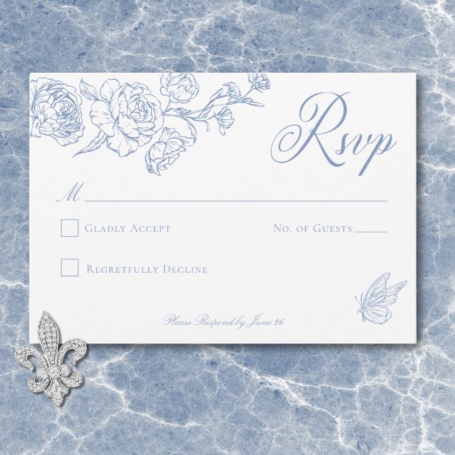 Cartons Réponse Elégant Blue Chinoiserie Bird & Crest Mariage (Elegant Blue Chinoiserie Bird & Crest Wedding No Dinner RSVP Card)