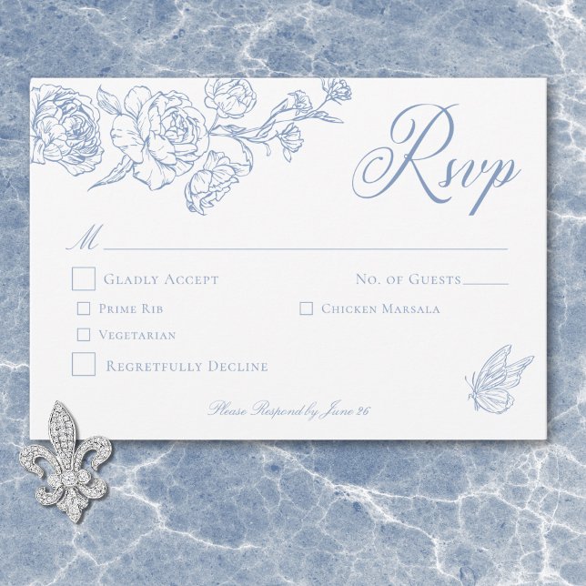 Cartons Réponse Elégant Blue Chinoiserie Bird & Crest Mariage (Elegant Blue Chinoiserie Bird & Crest Wedding Dinner RSVP Card)
