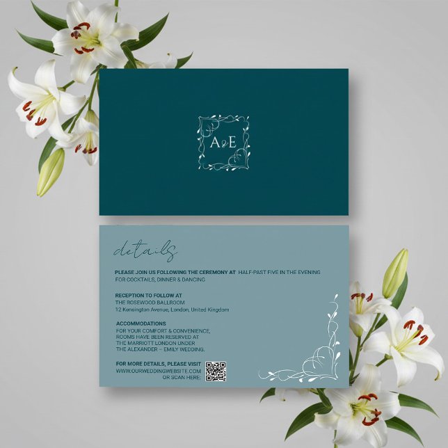 Cartons Réponse Elegant Blue Floral Wedding Details Card (Créateur téléchargé)