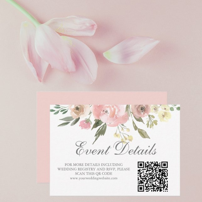Cartons Réponse Élégant Blush rose Floral Détails Mariage QR Code (Créateur téléchargé)