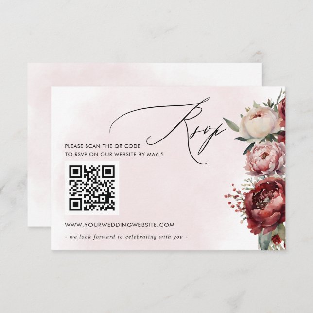 Cartons Réponse Elégant Boho Bourgogne Blush Floral QR CODE (Devant / Derrière)