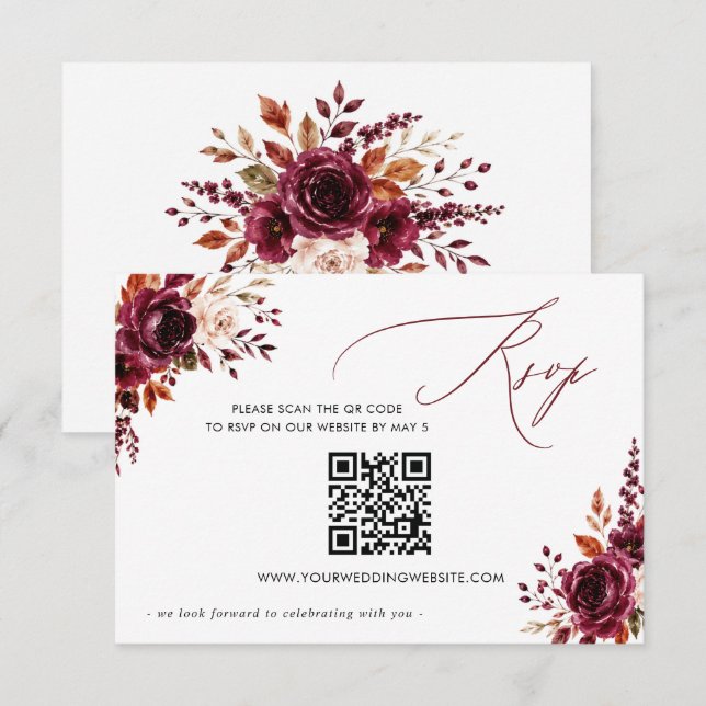 Cartons Réponse Élégant Boho Bourgogne Floral Automne QR CODE (Devant / Derrière)