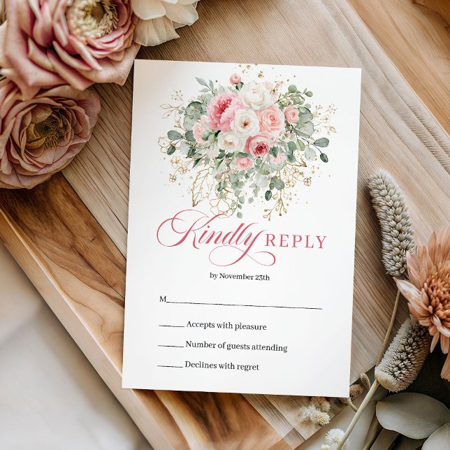 Cartons Réponse Élégant Boho Roses Fleurs Rose Vert Doré Mariage R (Elegant Boho Blush Roses Greenery Gold Wedding RSVP)