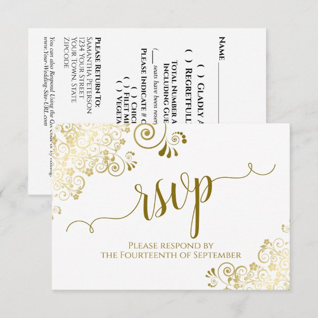 Cartons Réponse Elégant boucles d'or & Calligraphie Mariage QR Cod (Devant / Derrière)