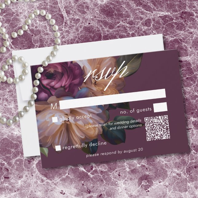 Cartons Réponse Elegant Burgundy Classic Moody Floral Wedding QR (Elegant Burgundy Classic Moody Floral Wedding RSVP Card)