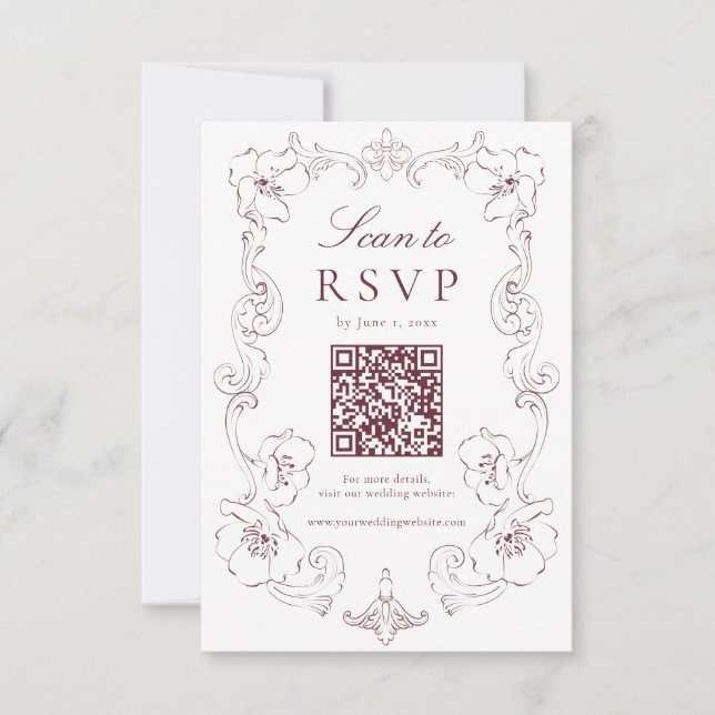 Cartons Réponse Elegant Burgundy Ornate Floral QR Code Wedding (Devant)