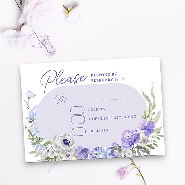 Cartons Réponse Elégant cadre floral violet clair (Purple floral RSVP card with editable response date)