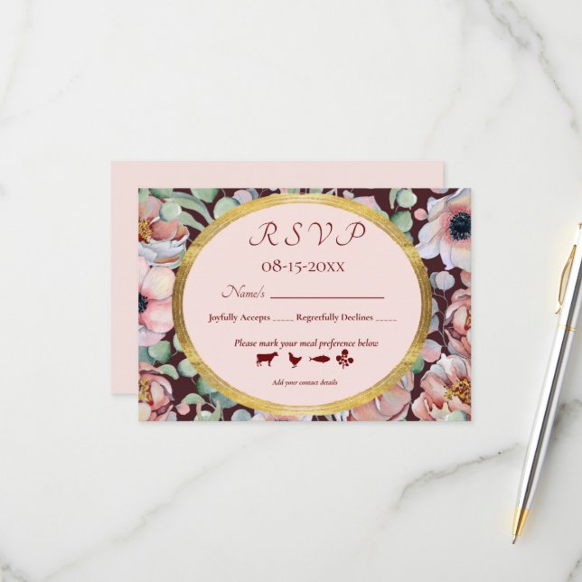 Cartons Réponse Élégant cadre géométrique floral rose rose d'anémo (Devant/Arrière en situation)