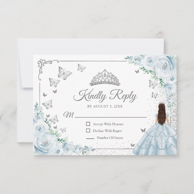 Cartons Réponse Elegant Chic Baby Blue Silver Quinceanera Reply (Devant)