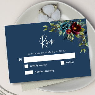 Cartons Réponse Élégant chic bleu marine floral bordeaux mariage