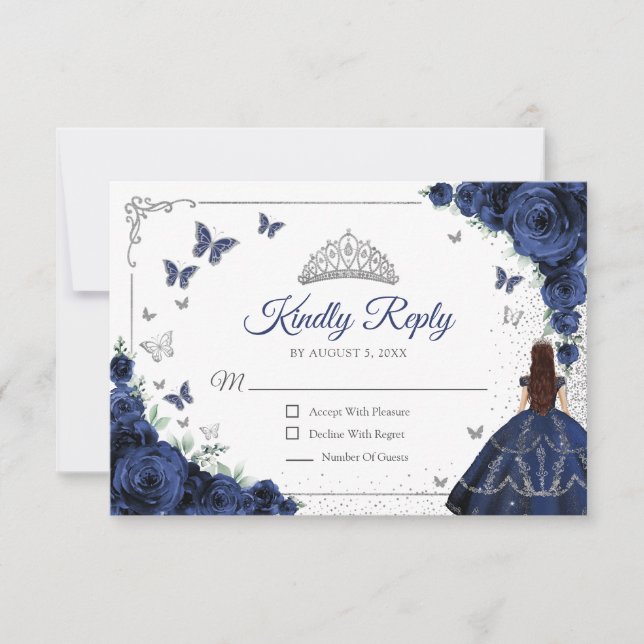 Cartons Réponse Elegant Chic Navy Blue Silver Quinceanera Reply (Devant)
