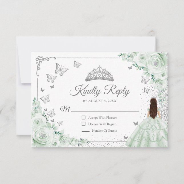 Cartons Réponse Elegant Chic Sage Green Silver Quinceanera Reply (Devant)