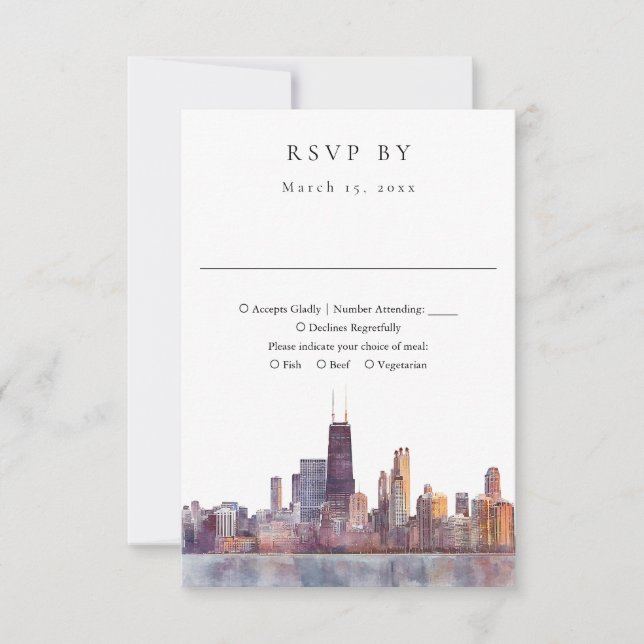 Cartons Réponse Elegant Chicago Skyline Watercolor Wedding (Devant)