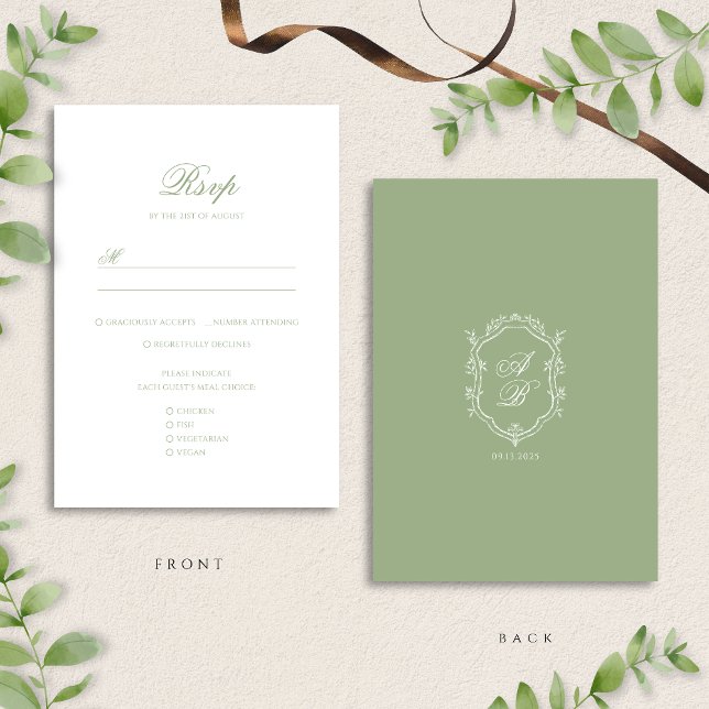 Cartons Réponse Elegant Classic Sage Green Monogram Crest Wedding (Créateur téléchargé)