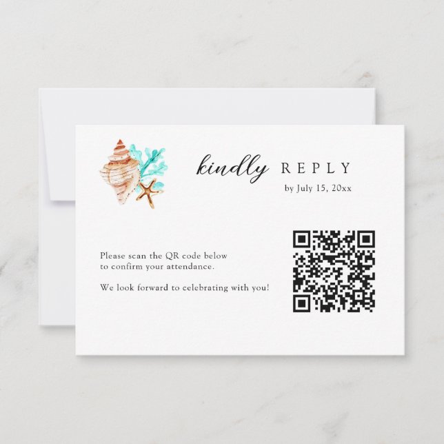Cartons Réponse Elegant Coastal Seashell QR Code Beach Wedding (Devant)