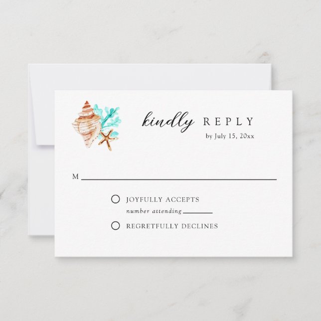 Cartons Réponse Elegant Coastal Seashell Watercolor Beach Wedding (Devant)