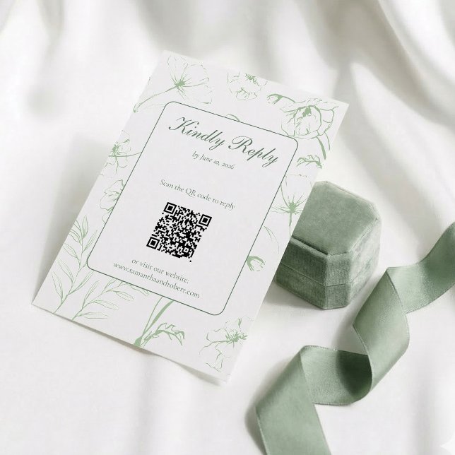 Cartons Réponse Élégant Code QR Art Linéaire Floral Vert Sauge Mar (Sage green botanical QR code RSVP card with matching velvet box and ribbon.)
