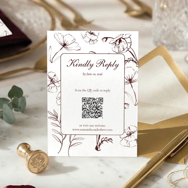 Cartons Réponse Élégant Code QR de mariage avec dessins de fleurs  (Elegant Burgundy Floral Line Art QR Code RSVP Card)