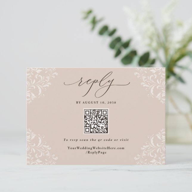 Cartons Réponse Élégant Code QR de mariage Champagne Tan Neutre (Debout devant)