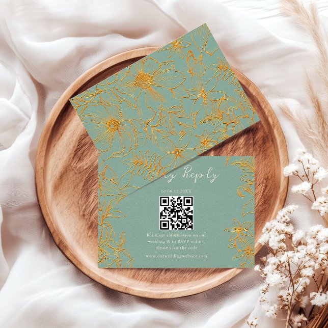 Cartons Réponse Élégant Code QR de Mariage Fleur Vert Sauge Or (Créateur téléchargé)