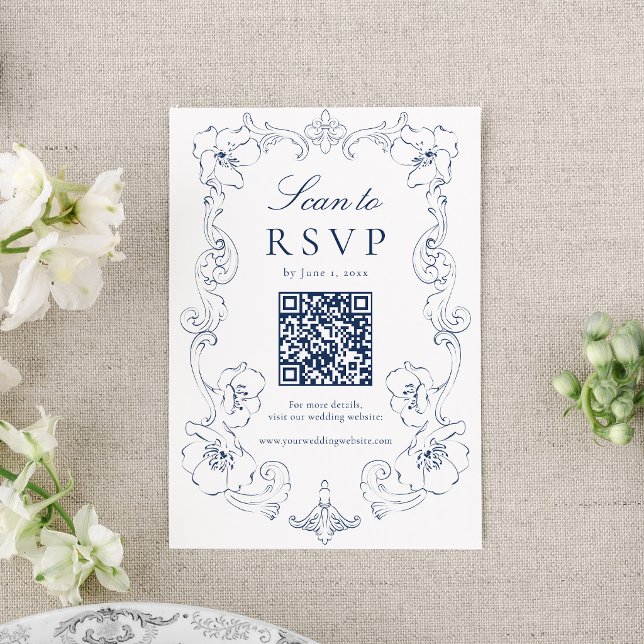 Cartons Réponse Élégant Code QR de mariage floral orné marine (Créateur téléchargé)