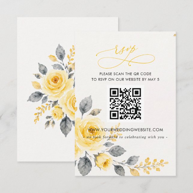 Cartons Réponse Élégant Code QR Floral Aquarelle Jaune Gris (Devant / Derrière)