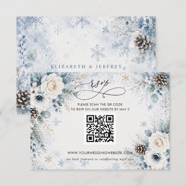 Cartons Réponse Élégant Code QR Floral Moderne Hiver Bleu Poussiér (Devant / Derrière)