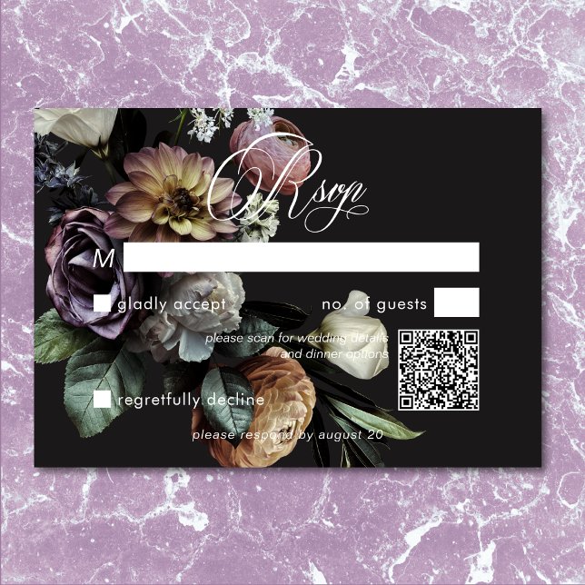 Cartons Réponse Élégant code QR floral moody Twilight Muted (Elegant Moody Twilight Muted Floral QR Code RSVP)