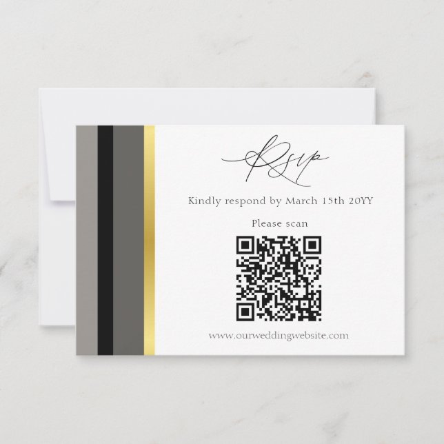 Cartons Réponse Élégant Code QR Mariage Rayure Noir Gris Or (Devant)
