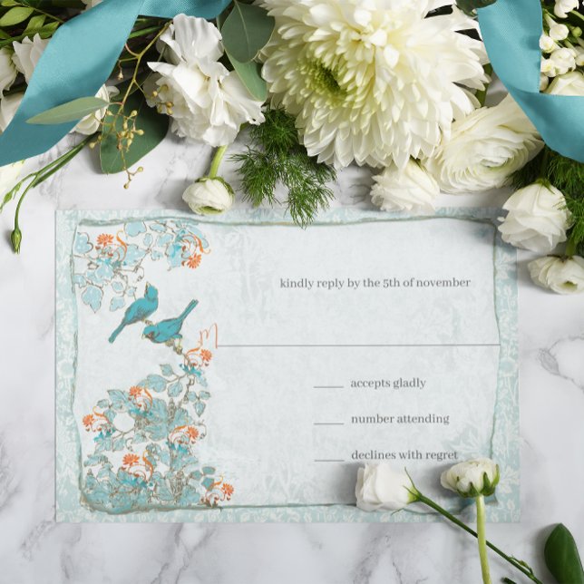 Cartons Réponse Elégant corail turquoise Birds Mariage damassé RSV (Créateur téléchargé)