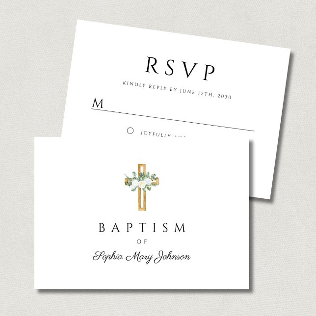 Cartons Réponse Elégant culte Croix Baptême floral (Elegant Religious Cross Floral Baptism RSVP Card)