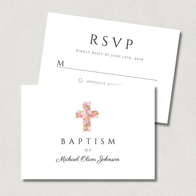 Cartons Réponse Élégant culte floral rose croix Baptême (Elegant Religious Floral Pink Cross Baptism RSVP Card)