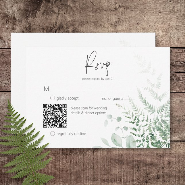 Cartons Réponse Elégant Delicate Greenerns Code QR (Elegant Delicate Greenery Ferns Wedding Response Card with QR Code)