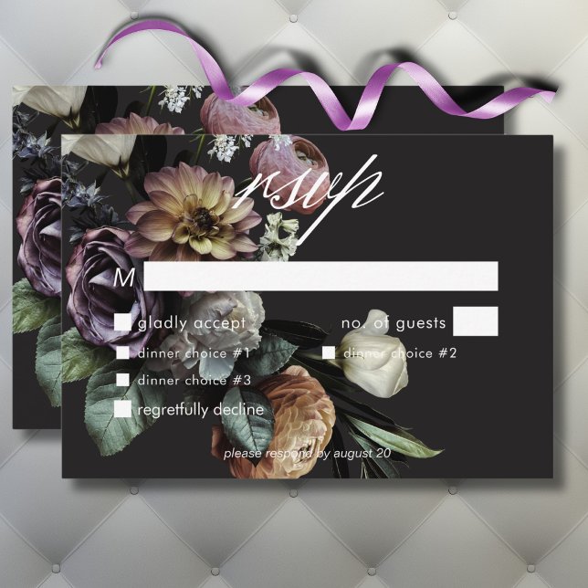 Cartons Réponse Élégant Dîner Mariage Moody Twilight Muted Floral (Elegant Moody Twilight Muted Floral Wedding Dinner RSVP Card)