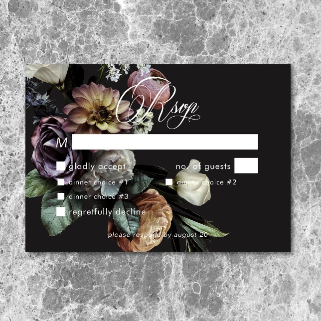 Cartons Réponse Élégant Dîner Mariage Moody Twilight Muted Floral (Elegant Moody Twilight Muted Floral Wedding Dinner RSVP Card)