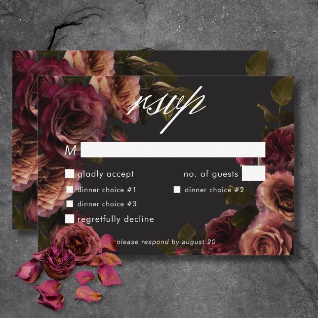 Cartons Réponse Elégant dîner Moody Muted Rust & Burgundy Floral (Elegant Moody Muted Rust & Burgundy Floral Dinner RSVP Card)