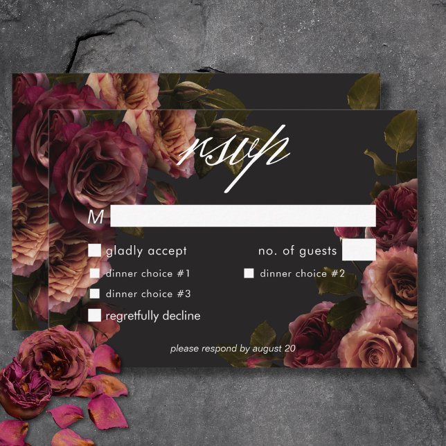 Cartons Réponse Elégant dîner Moody Muted Rust & Burgundy Floral (Elegant Moody Muted Rust & Burgundy Floral Dinner RSVP Card)