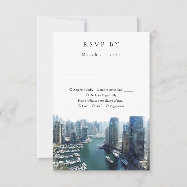 Cartons Réponse Elegant Dubai Skyline Watercolor Wedding (Devant)
