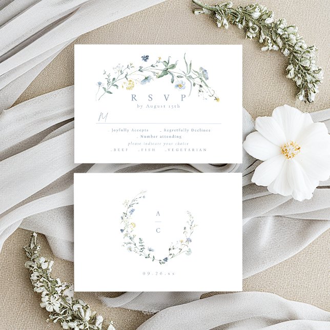 Cartons Réponse Elégant Dusty Blue Fleur sauvage Rustic Boho Maria (Elegant Dusty Blue Wildflower Rustic Boho Wedding RSVP Card)