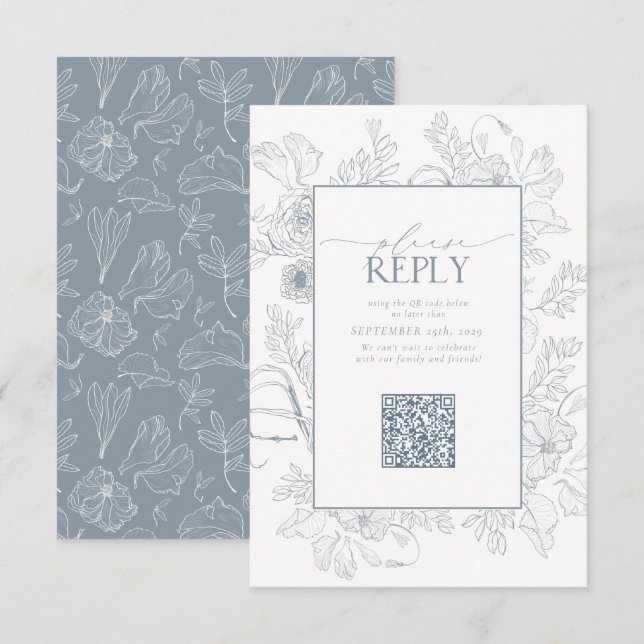 Cartons Réponse Elegant Dusty Blue Mariage QR Code S'il vous plaît (Devant / Derrière)