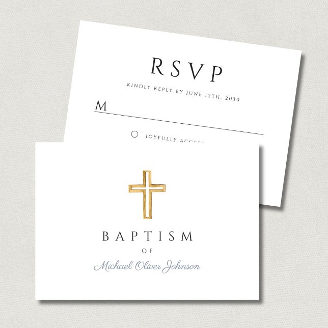 Cartons Réponse Elégant Dusty Blue Religieux Croix Boy Baptême gar (Elegant Dusty Blue Religious Cross Boy Baptism RSVP Card)