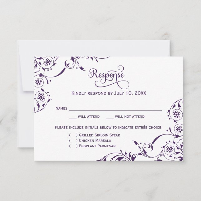 Cartons Réponse Élégant Eggplant Purple Scrolls Mariage (Devant)