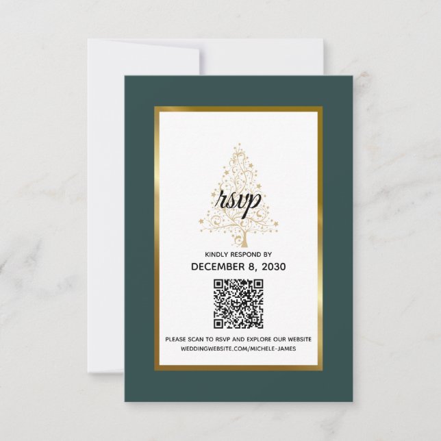 Cartons Réponse Élégant Emerald Gold Winter Wedding QR Code (Devant)