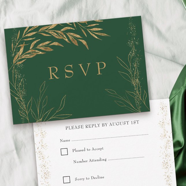Cartons Réponse Élégant Emerald Green et Gold Leaf (Emerald Green RSVP with editable response date from my Gold Leaf Collection)
