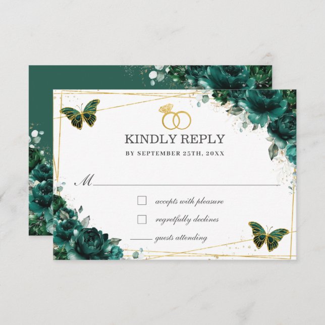 Cartons Réponse Elegant Emerald Green Floral Butterflies Wedding (Devant / Derrière)