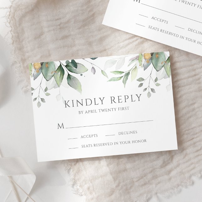 Cartons Réponse Elégant Eucalyptus Feuille Mariage or vert (Créateur téléchargé)