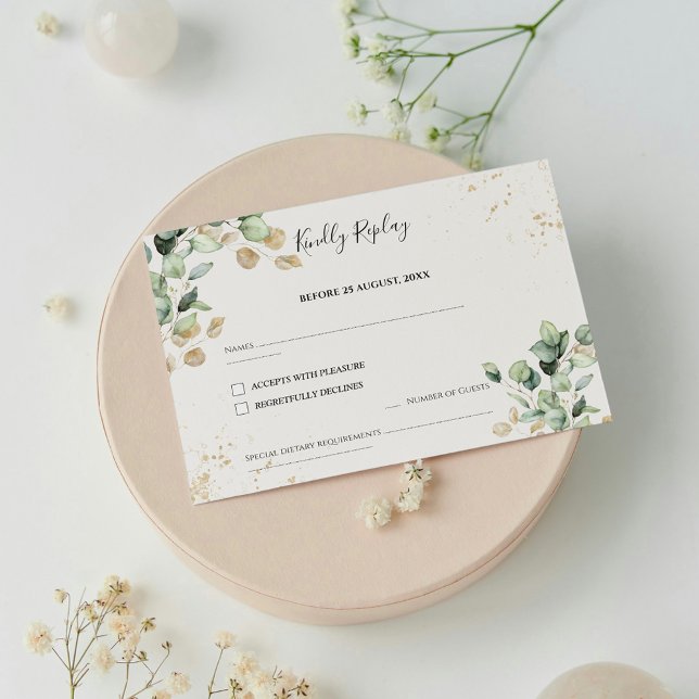 Cartons Réponse Elégant Eucalyptus Feuilles & Gold Accents Mariage (Créateur téléchargé)