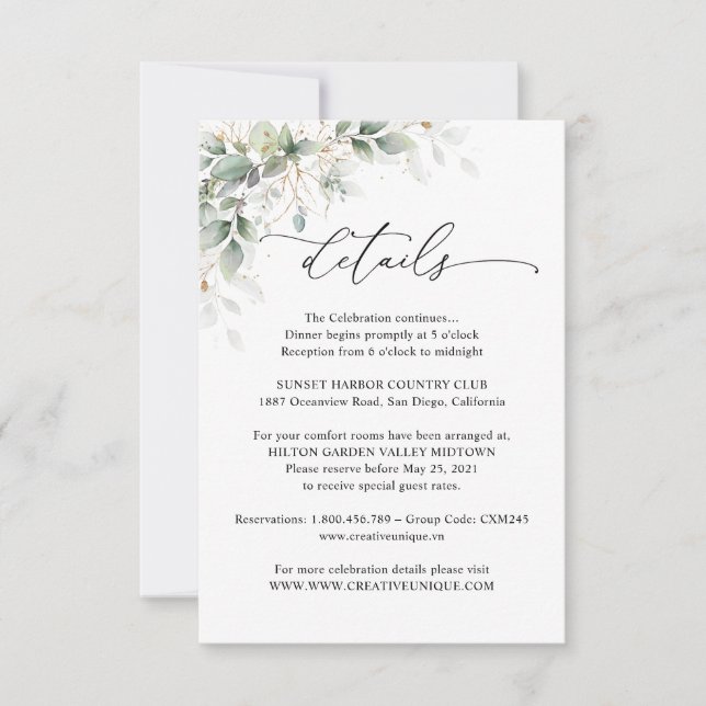 Cartons Réponse Elegant Eucalyptus Wedding Details Card (Devant)