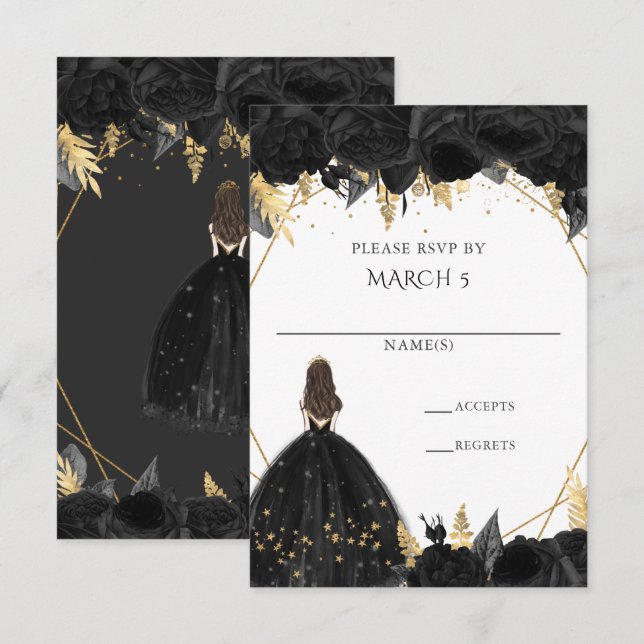 Cartons Réponse Élégant Fleur de Princesse Noire et Or pour Quince (Devant / Derrière)