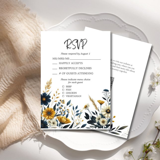 Cartons Réponse Elégant Fleur sauvage d'aquarelle Mariage (Elegant Watercolor Wildflowers Wedding RSVP with Menu Selections, QR Code, Blue Yellow Flowers.)